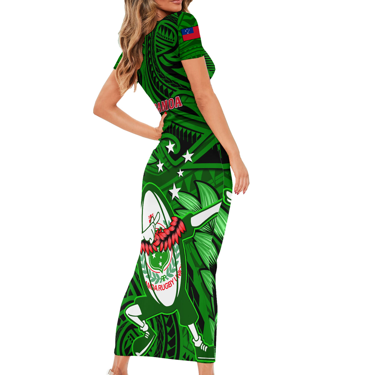 Samoa Rugby Short Sleeve Bodycon Dress Manu Samoa Ula Fala Dabbing Ball Polynesian Green Version - Wonder Print Shop