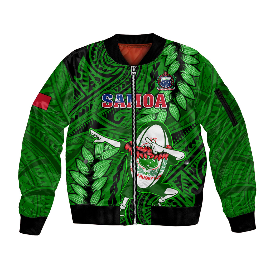 Samoa Rugby Sleeve Zip Bomber Jacket Manu Samoa Ula Fala Dabbing Ball Polynesian Green Version - Wonder Print Shop
