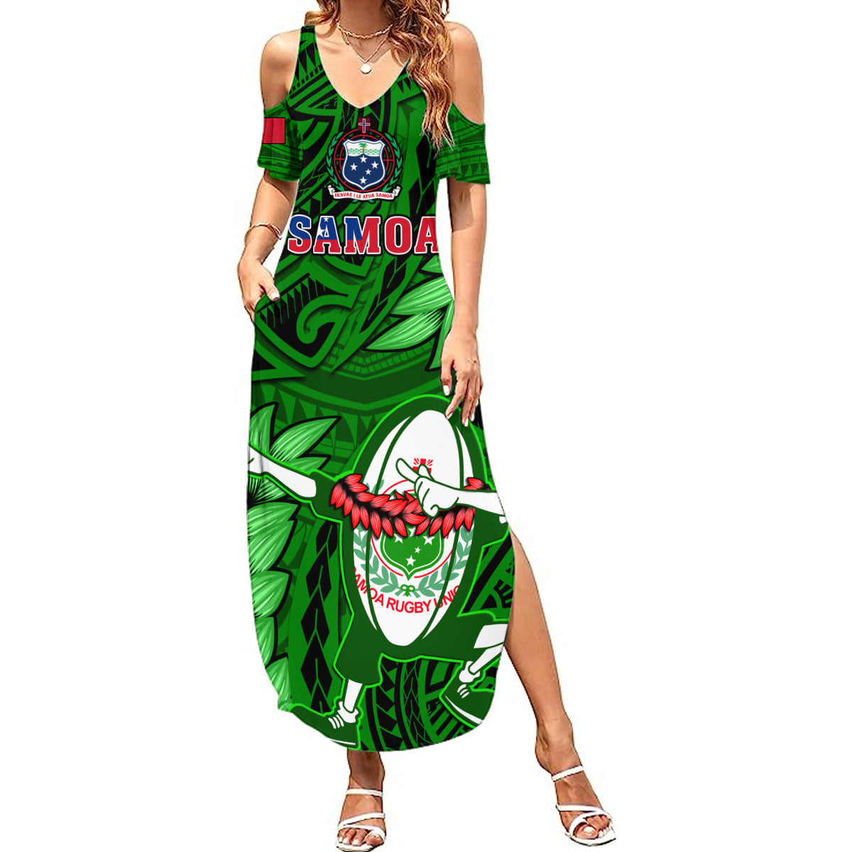 Samoa Rugby Summer Maxi Dress Manu Samoa Ula Fala Dabbing Ball Polynesian Green Version - Wonder Print Shop