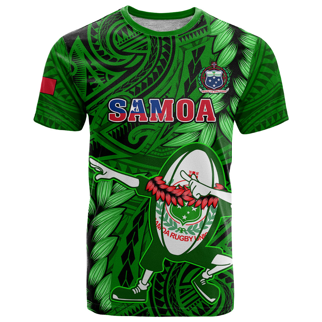 Samoa Rugby T Shirt Manu Samoa Ula Fala Dabbing Ball Polynesian Green Version - Wonder Print Shop