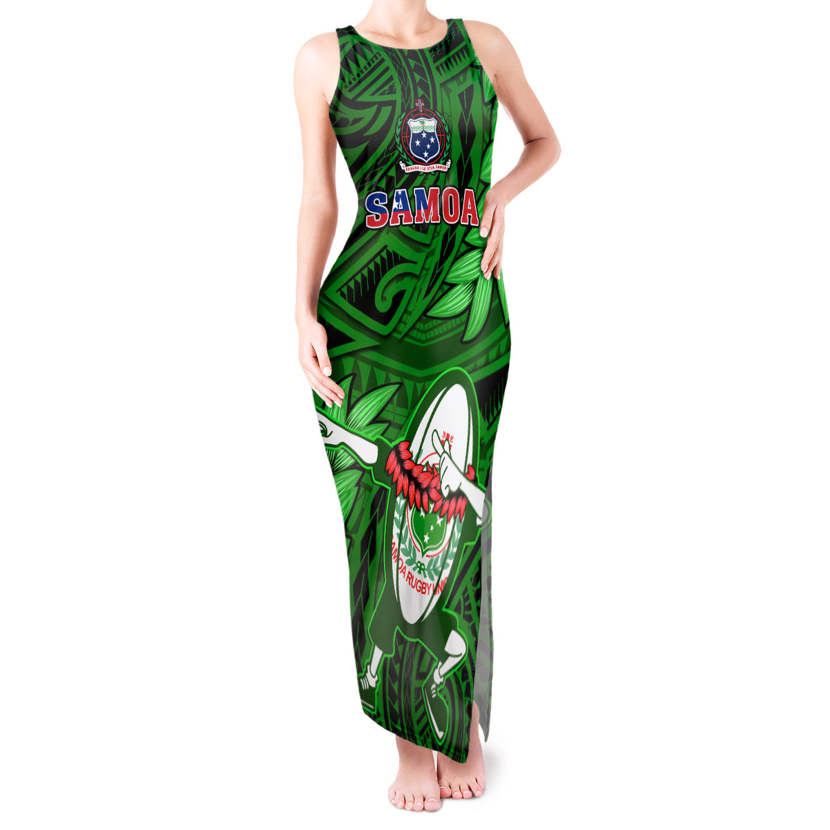 Samoa Rugby Tank Maxi Dress Manu Samoa Ula Fala Dabbing Ball Polynesian Green Version - Wonder Print Shop