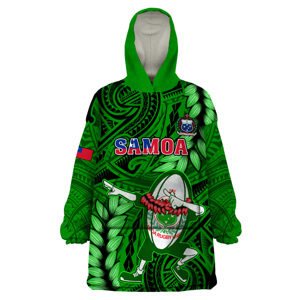 Samoa Rugby Wearable Blanket Hoodie Manu Samoa Ula Fala Dabbing Ball Polynesian Green Version - Wonder Print Shop