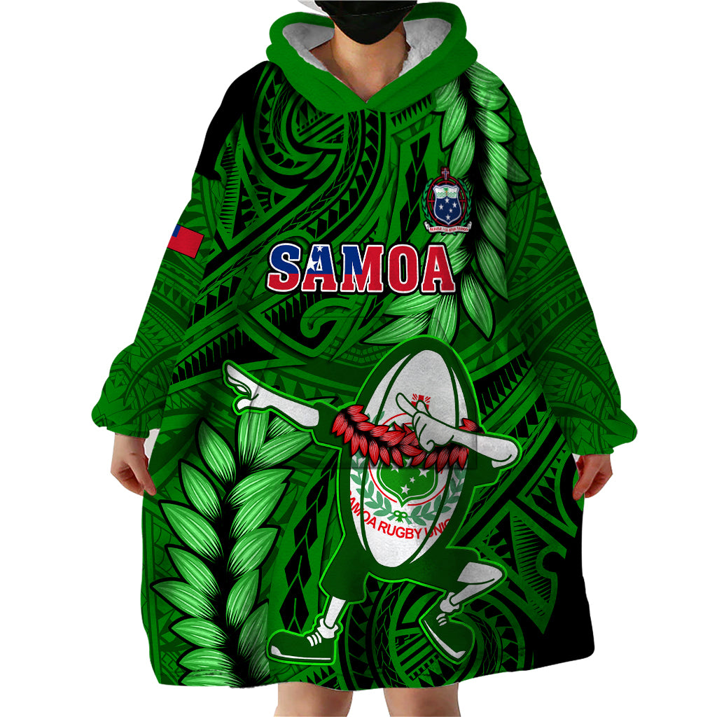 Samoa Rugby Wearable Blanket Hoodie Manu Samoa Ula Fala Dabbing Ball Polynesian Green Version - Wonder Print Shop