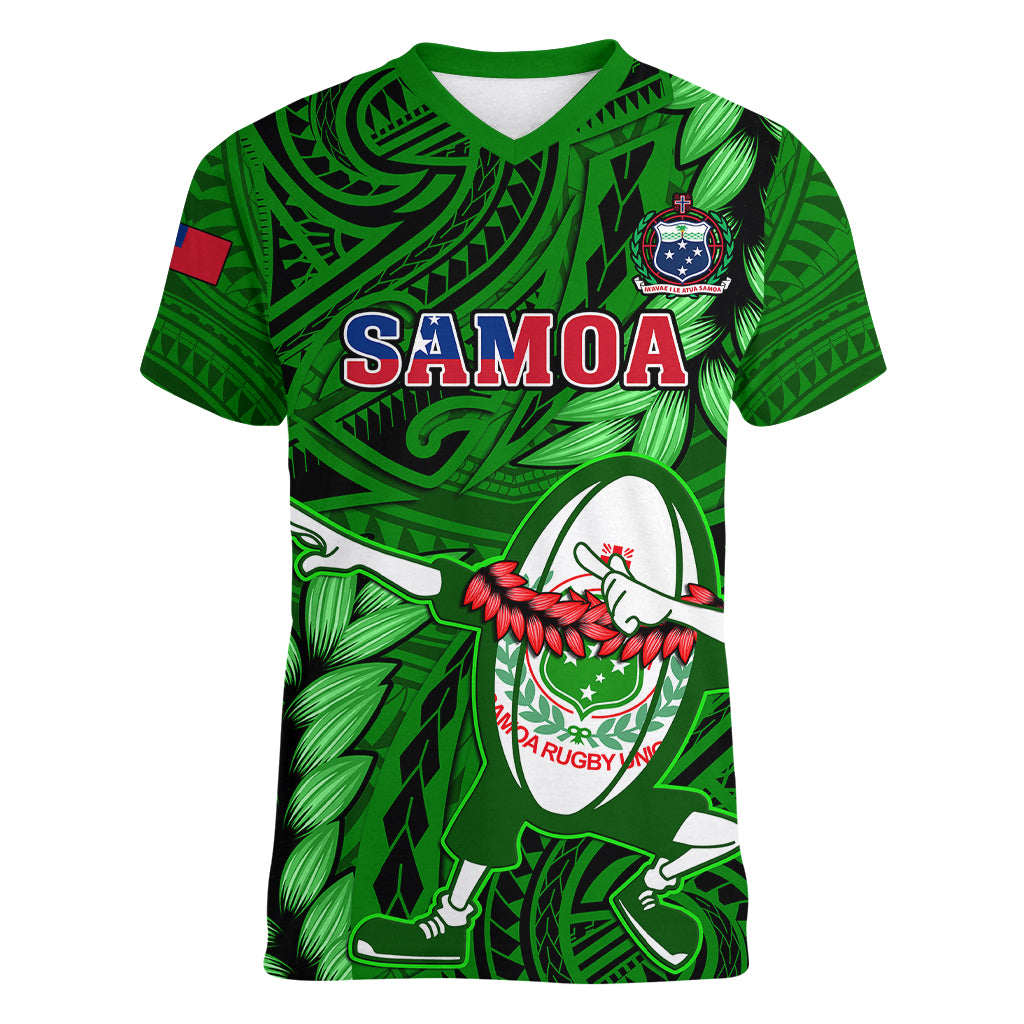 Samoa Rugby Women V Neck T Shirt Manu Samoa Ula Fala Dabbing Ball Polynesian Green Version - Wonder Print Shop