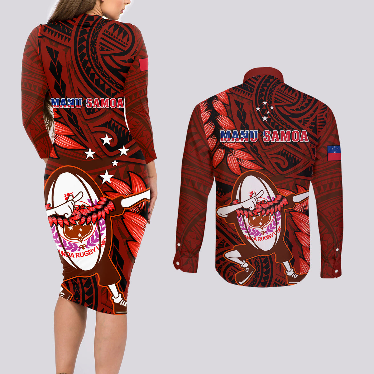 Samoa Rugby Couples Matching Long Sleeve Bodycon Dress and Long Sleeve Button Shirts Manu Samoa Ula Fala Dabbing Ball Polynesian Red Version - Wonder Print Shop