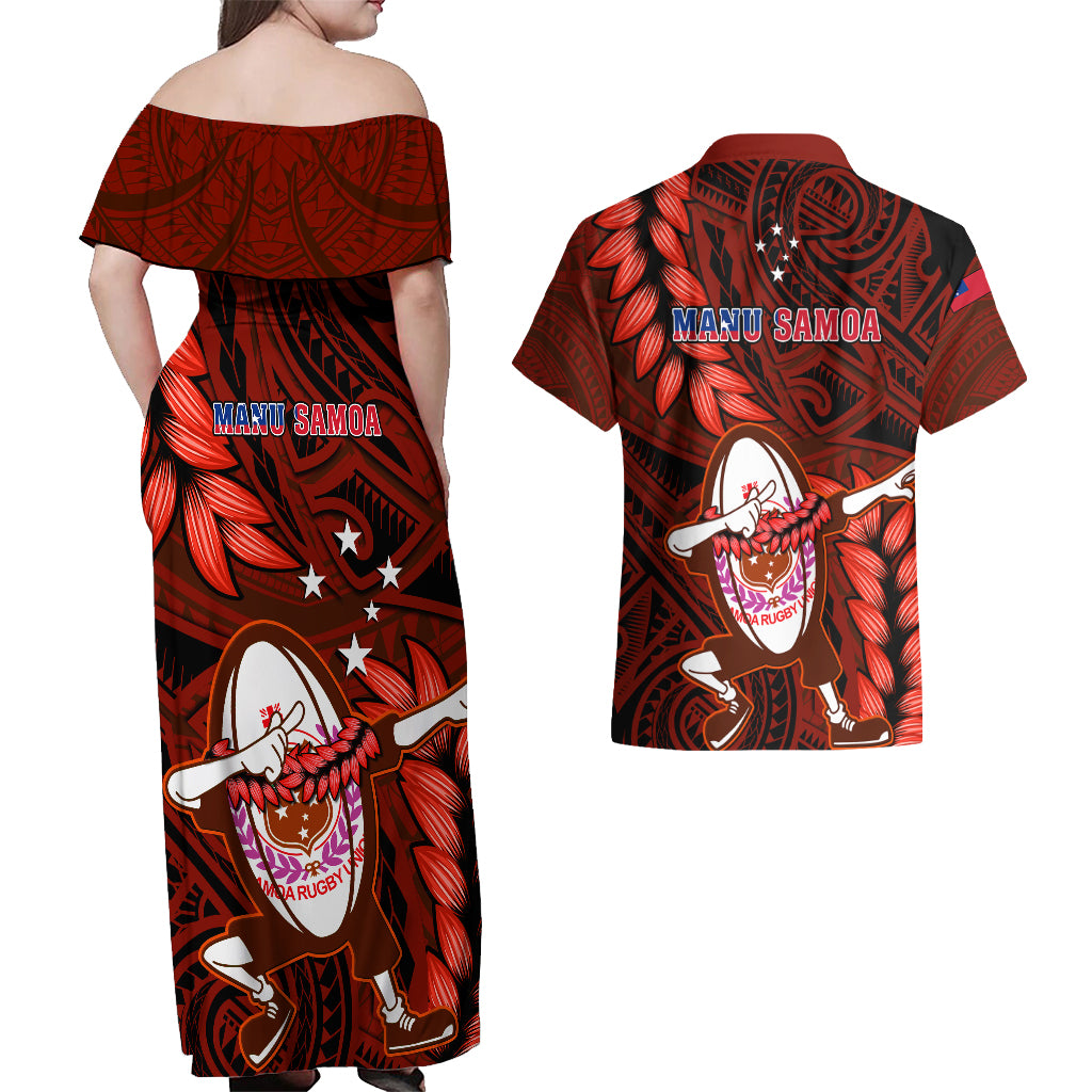 Samoa Rugby Couples Matching Off Shoulder Maxi Dress and Hawaiian Shirt Manu Samoa Ula Fala Dabbing Ball Polynesian Red Version - Wonder Print Shop