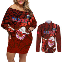 Samoa Rugby Couples Matching Off Shoulder Short Dress and Long Sleeve Button Shirts Manu Samoa Ula Fala Dabbing Ball Polynesian Red Version - Wonder Print Shop