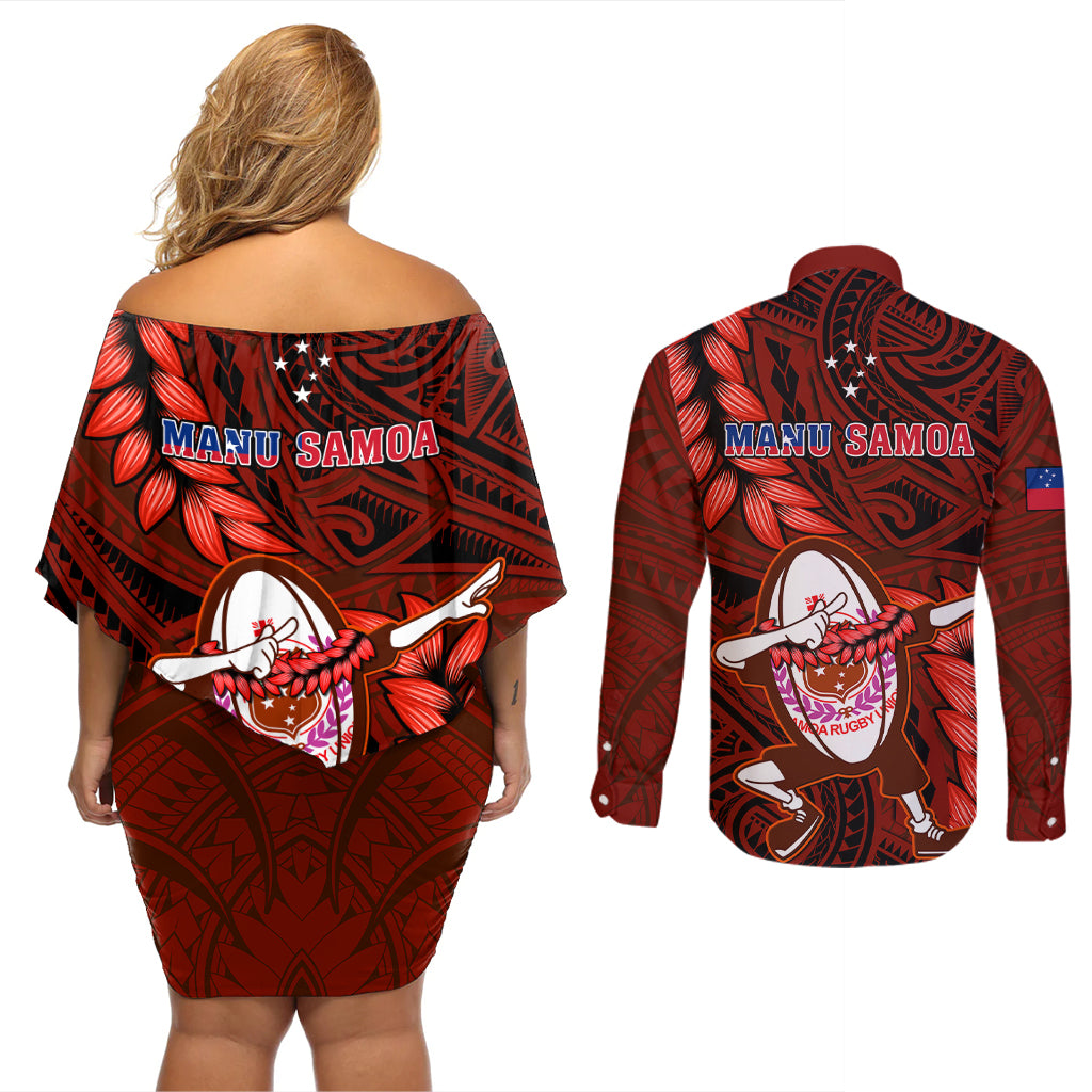 Samoa Rugby Couples Matching Off Shoulder Short Dress and Long Sleeve Button Shirts Manu Samoa Ula Fala Dabbing Ball Polynesian Red Version - Wonder Print Shop