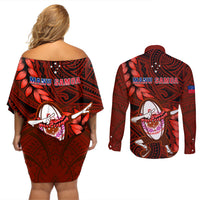 Samoa Rugby Couples Matching Off Shoulder Short Dress and Long Sleeve Button Shirts Manu Samoa Ula Fala Dabbing Ball Polynesian Red Version - Wonder Print Shop
