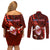 Samoa Rugby Couples Matching Off Shoulder Short Dress and Long Sleeve Button Shirts Manu Samoa Ula Fala Dabbing Ball Polynesian Red Version - Wonder Print Shop