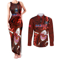Samoa Rugby Couples Matching Tank Maxi Dress and Long Sleeve Button Shirts Manu Samoa Ula Fala Dabbing Ball Polynesian Red Version - Wonder Print Shop