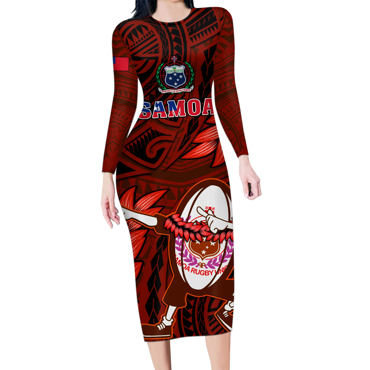 Samoa Rugby Family Matching Long Sleeve Bodycon Dress and Hawaiian Shirt Manu Samoa Ula Fala Dabbing Ball Polynesian Red Version - Wonder Print Shop