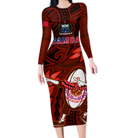 Samoa Rugby Family Matching Long Sleeve Bodycon Dress and Hawaiian Shirt Manu Samoa Ula Fala Dabbing Ball Polynesian Red Version - Wonder Print Shop