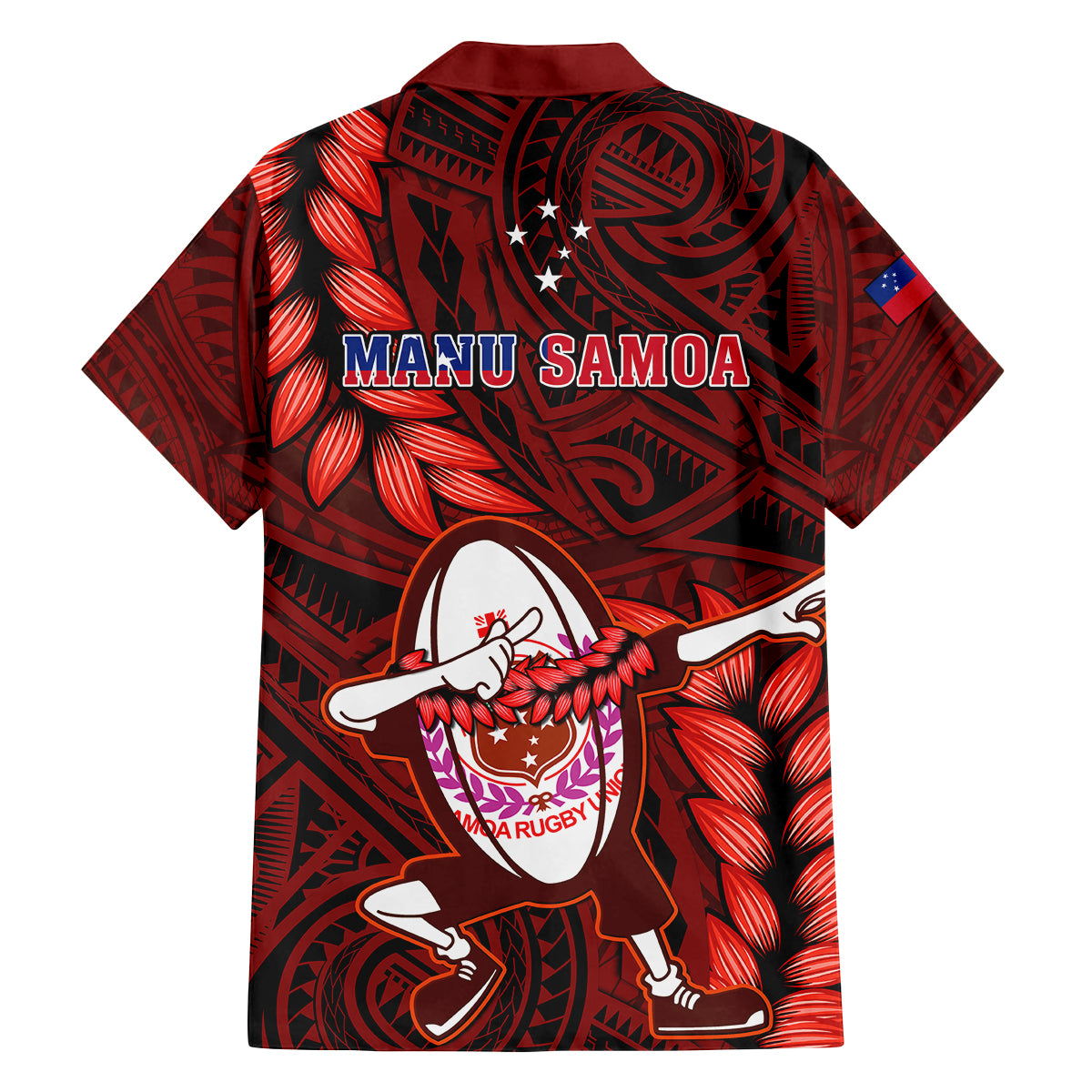 Samoa Rugby Family Matching Off Shoulder Long Sleeve Dress and Hawaiian Shirt Manu Samoa Ula Fala Dabbing Ball Polynesian Red Version - Wonder Print Shop