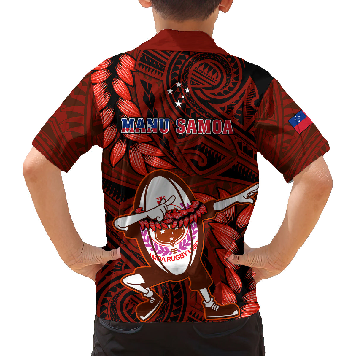 Samoa Rugby Family Matching Off Shoulder Short Dress and Hawaiian Shirt Manu Samoa Ula Fala Dabbing Ball Polynesian Red Version - Wonder Print Shop
