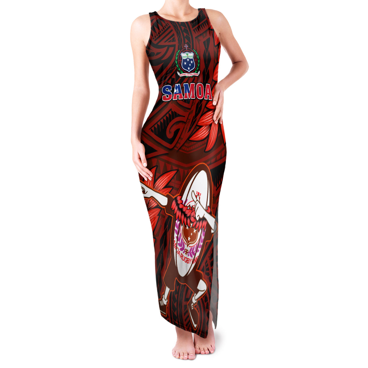 Samoa Rugby Family Matching Tank Maxi Dress and Hawaiian Shirt Manu Samoa Ula Fala Dabbing Ball Polynesian Red Version - Wonder Print Shop
