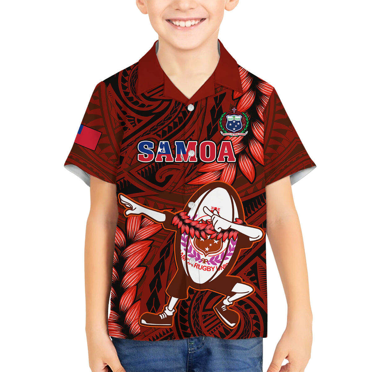 Samoa Rugby Kid Hawaiian Shirt Manu Samoa Ula Fala Dabbing Ball Polynesian Red Version - Wonder Print Shop