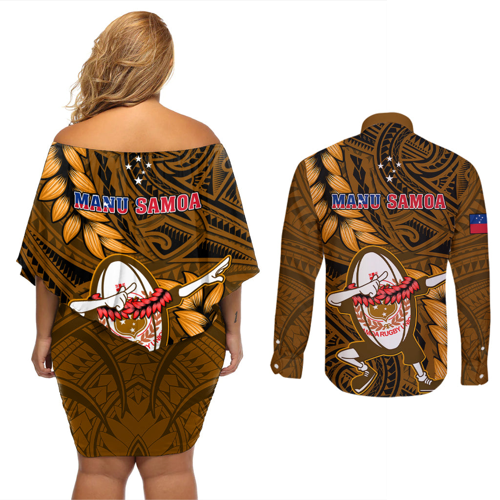 Samoa Rugby Couples Matching Off Shoulder Short Dress and Long Sleeve Button Shirts Manu Samoa Ula Fala Dabbing Ball Polynesian Gold Version - Wonder Print Shop