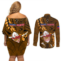 Samoa Rugby Couples Matching Off Shoulder Short Dress and Long Sleeve Button Shirts Manu Samoa Ula Fala Dabbing Ball Polynesian Gold Version - Wonder Print Shop