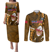Samoa Rugby Couples Matching Puletasi Dress and Long Sleeve Button Shirts Manu Samoa Ula Fala Dabbing Ball Polynesian Gold Version - Wonder Print Shop