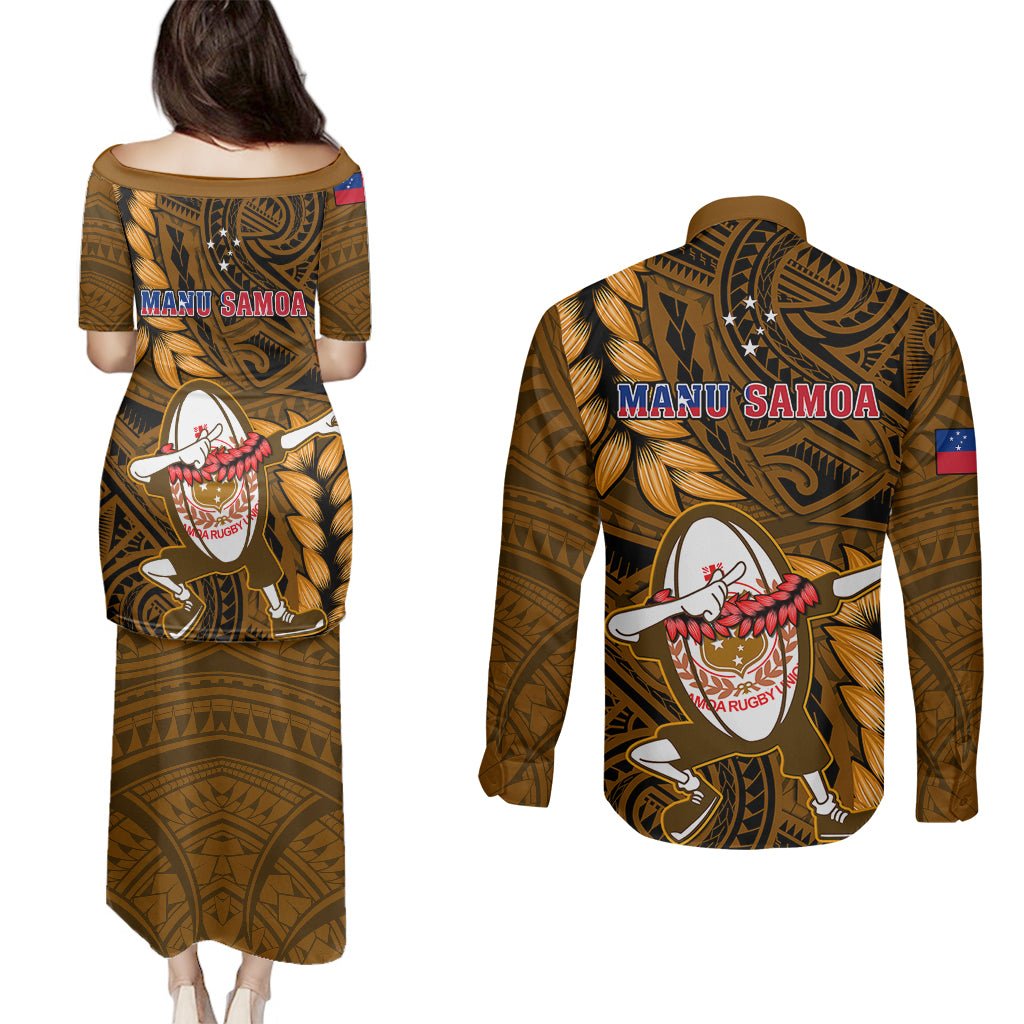 Samoa Rugby Couples Matching Puletasi Dress and Long Sleeve Button Shirts Manu Samoa Ula Fala Dabbing Ball Polynesian Gold Version - Wonder Print Shop
