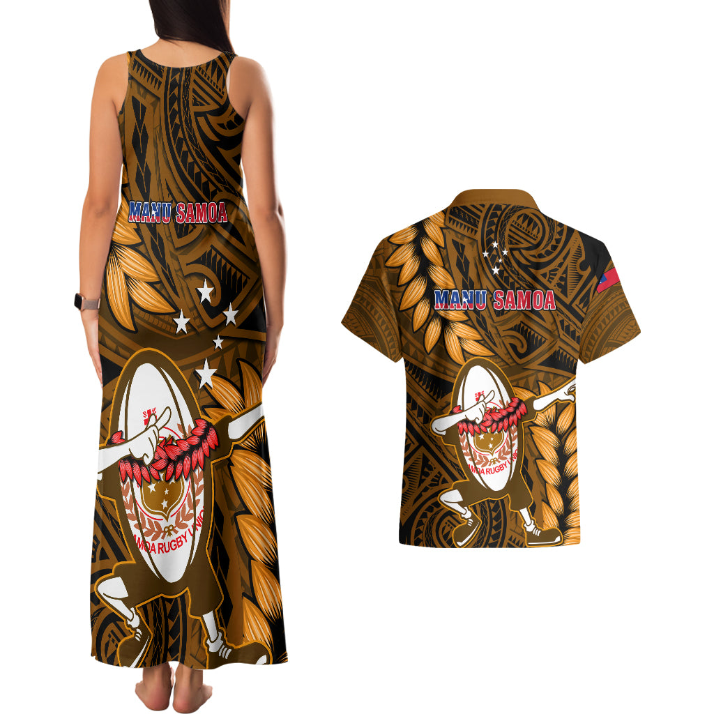 Samoa Rugby Couples Matching Tank Maxi Dress and Hawaiian Shirt Manu Samoa Ula Fala Dabbing Ball Polynesian Gold Version - Wonder Print Shop
