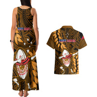 Samoa Rugby Couples Matching Tank Maxi Dress and Hawaiian Shirt Manu Samoa Ula Fala Dabbing Ball Polynesian Gold Version - Wonder Print Shop