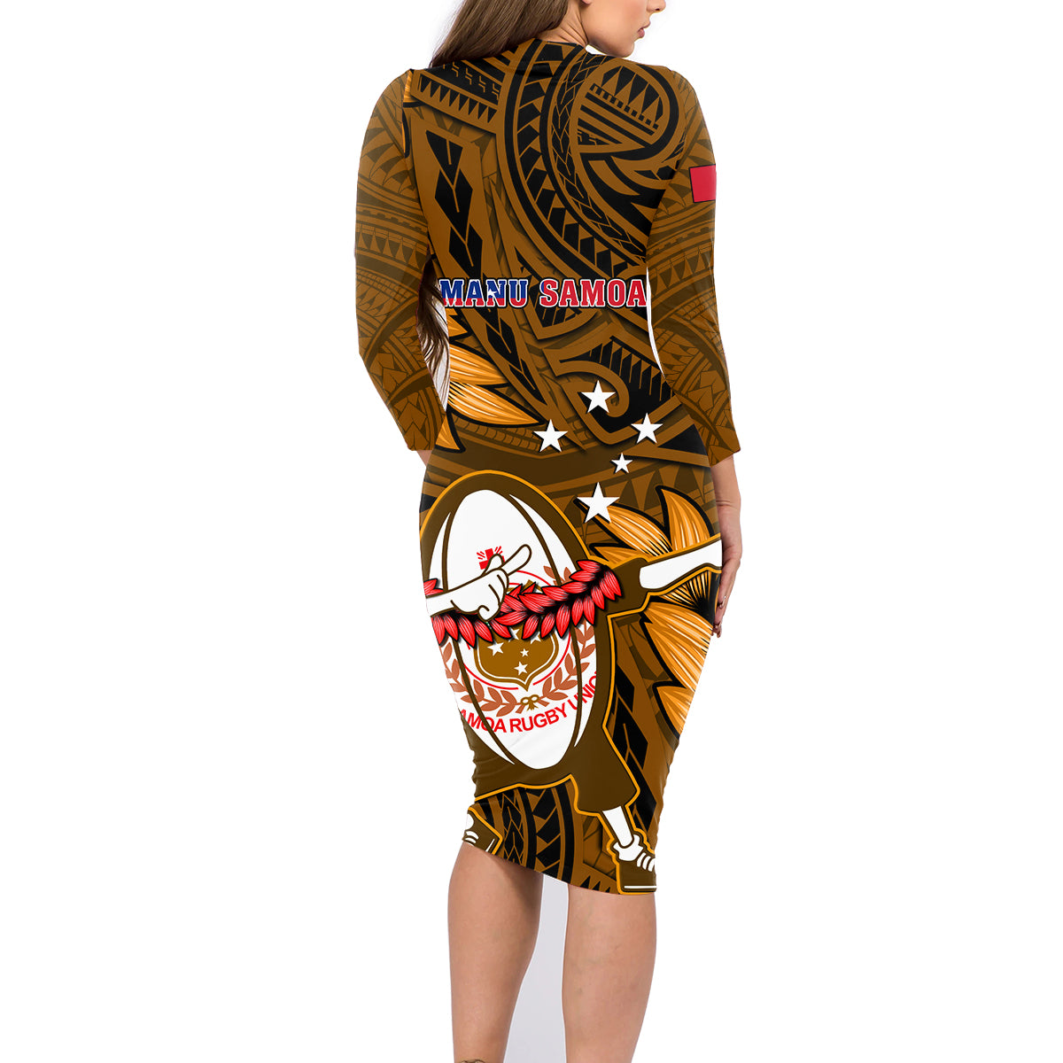 Samoa Rugby Family Matching Long Sleeve Bodycon Dress and Hawaiian Shirt Manu Samoa Ula Fala Dabbing Ball Polynesian Gold Version - Wonder Print Shop
