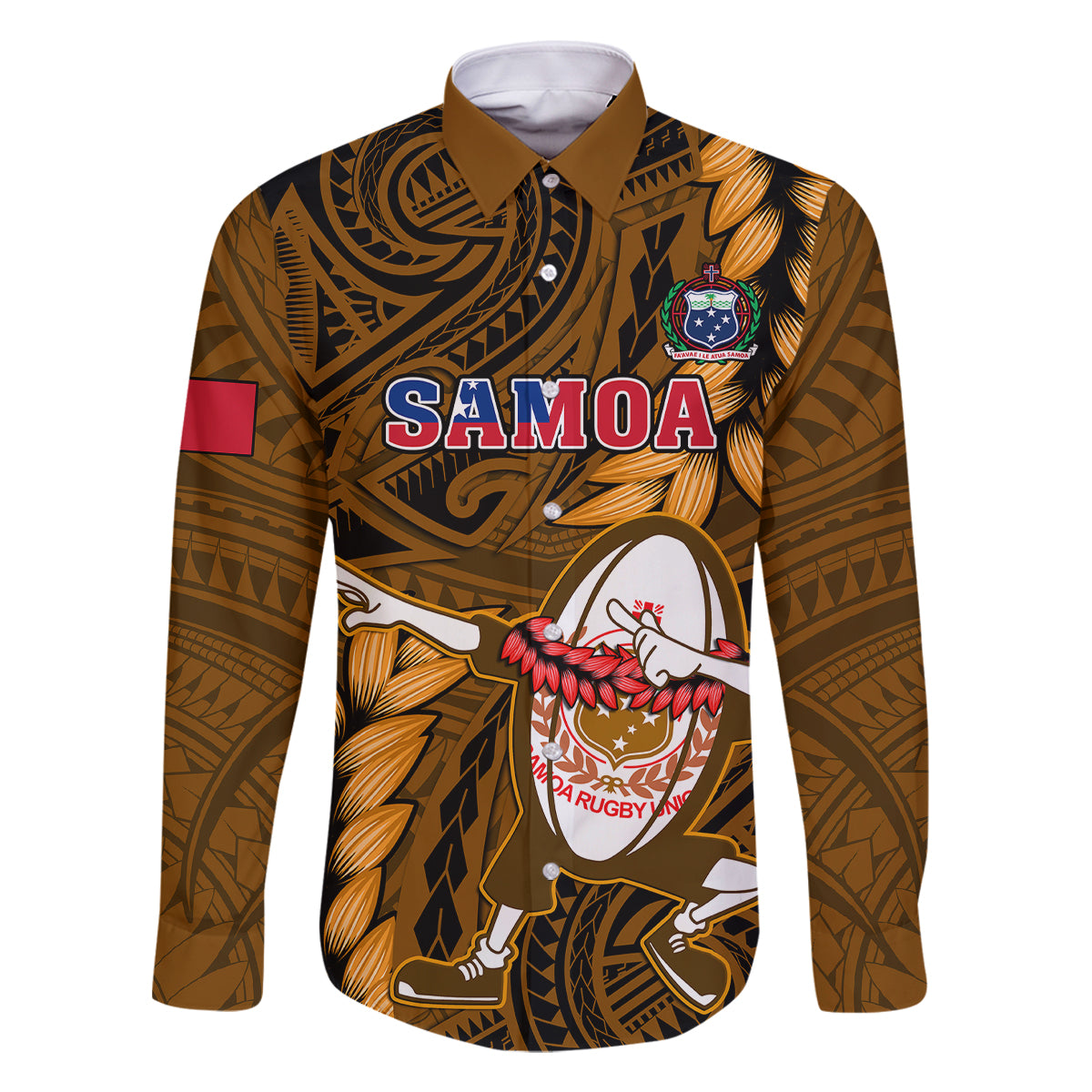 Samoa Rugby Family Matching Off Shoulder Long Sleeve Dress and Hawaiian Shirt Manu Samoa Ula Fala Dabbing Ball Polynesian Gold Version - Wonder Print Shop