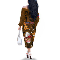 Samoa Rugby Family Matching Off Shoulder Long Sleeve Dress and Hawaiian Shirt Manu Samoa Ula Fala Dabbing Ball Polynesian Gold Version - Wonder Print Shop