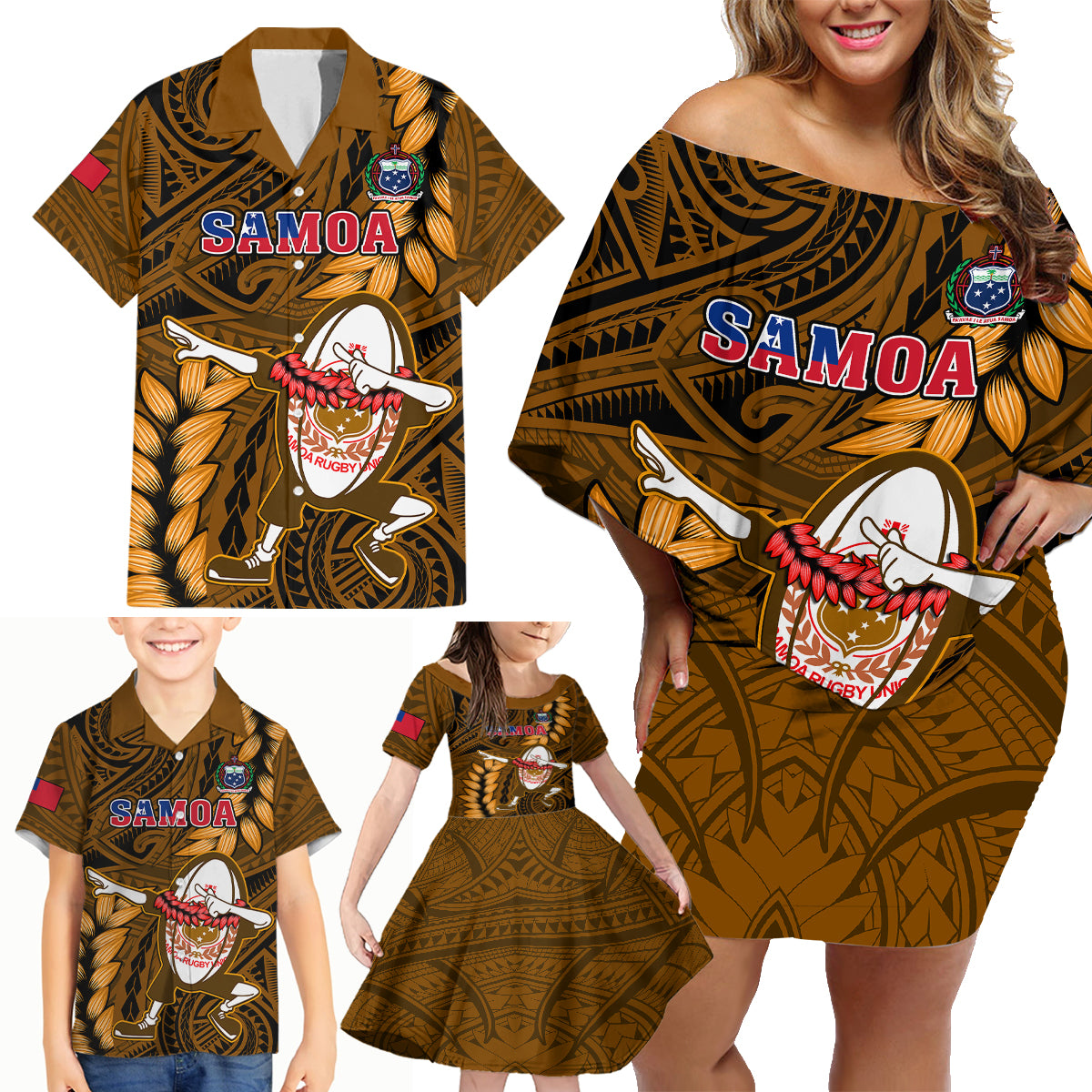 Samoa Rugby Family Matching Off Shoulder Short Dress and Hawaiian Shirt Manu Samoa Ula Fala Dabbing Ball Polynesian Gold Version - Wonder Print Shop