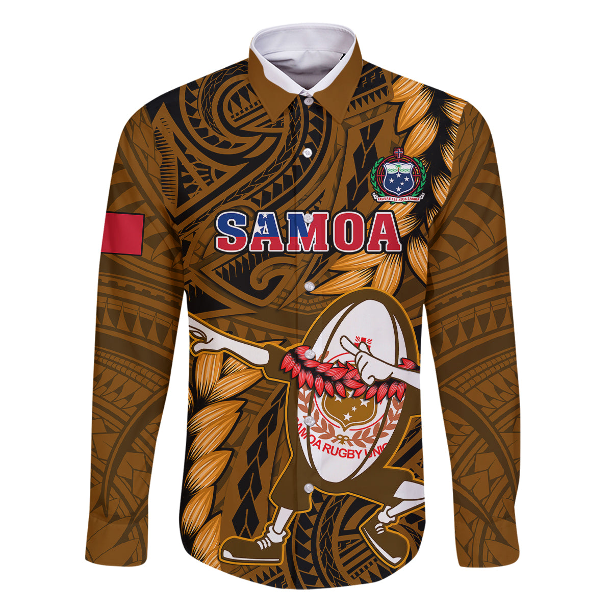 Samoa Rugby Family Matching Off Shoulder Short Dress and Hawaiian Shirt Manu Samoa Ula Fala Dabbing Ball Polynesian Gold Version - Wonder Print Shop