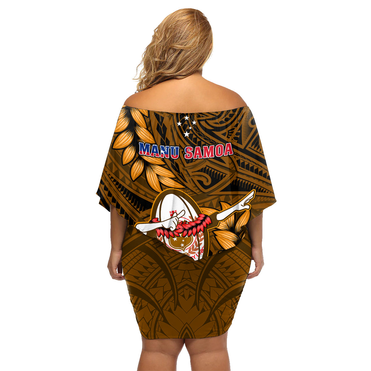 Samoa Rugby Family Matching Off Shoulder Short Dress and Hawaiian Shirt Manu Samoa Ula Fala Dabbing Ball Polynesian Gold Version - Wonder Print Shop