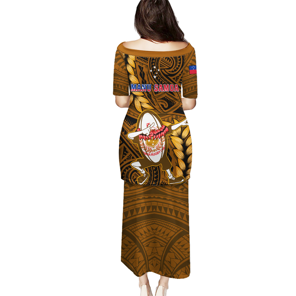 Samoa Rugby Family Matching Puletasi Dress and Hawaiian Shirt Manu Samoa Ula Fala Dabbing Ball Polynesian Gold Version - Wonder Print Shop