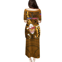 Samoa Rugby Family Matching Puletasi Dress and Hawaiian Shirt Manu Samoa Ula Fala Dabbing Ball Polynesian Gold Version - Wonder Print Shop