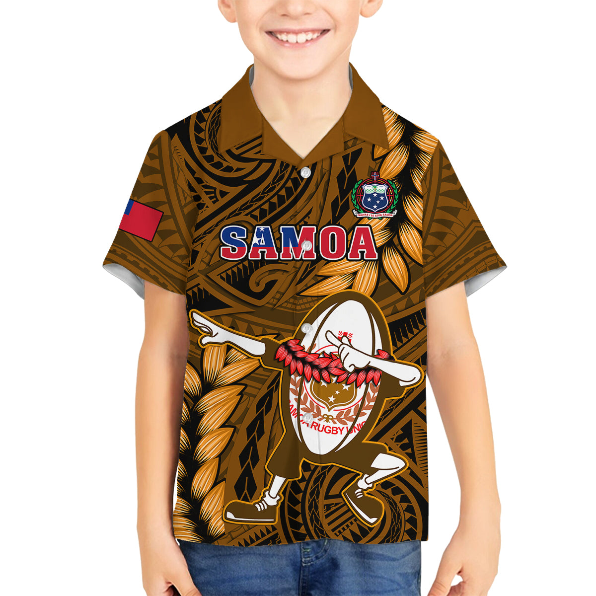 Samoa Rugby Kid Hawaiian Shirt Manu Samoa Ula Fala Dabbing Ball Polynesian Gold Version - Wonder Print Shop