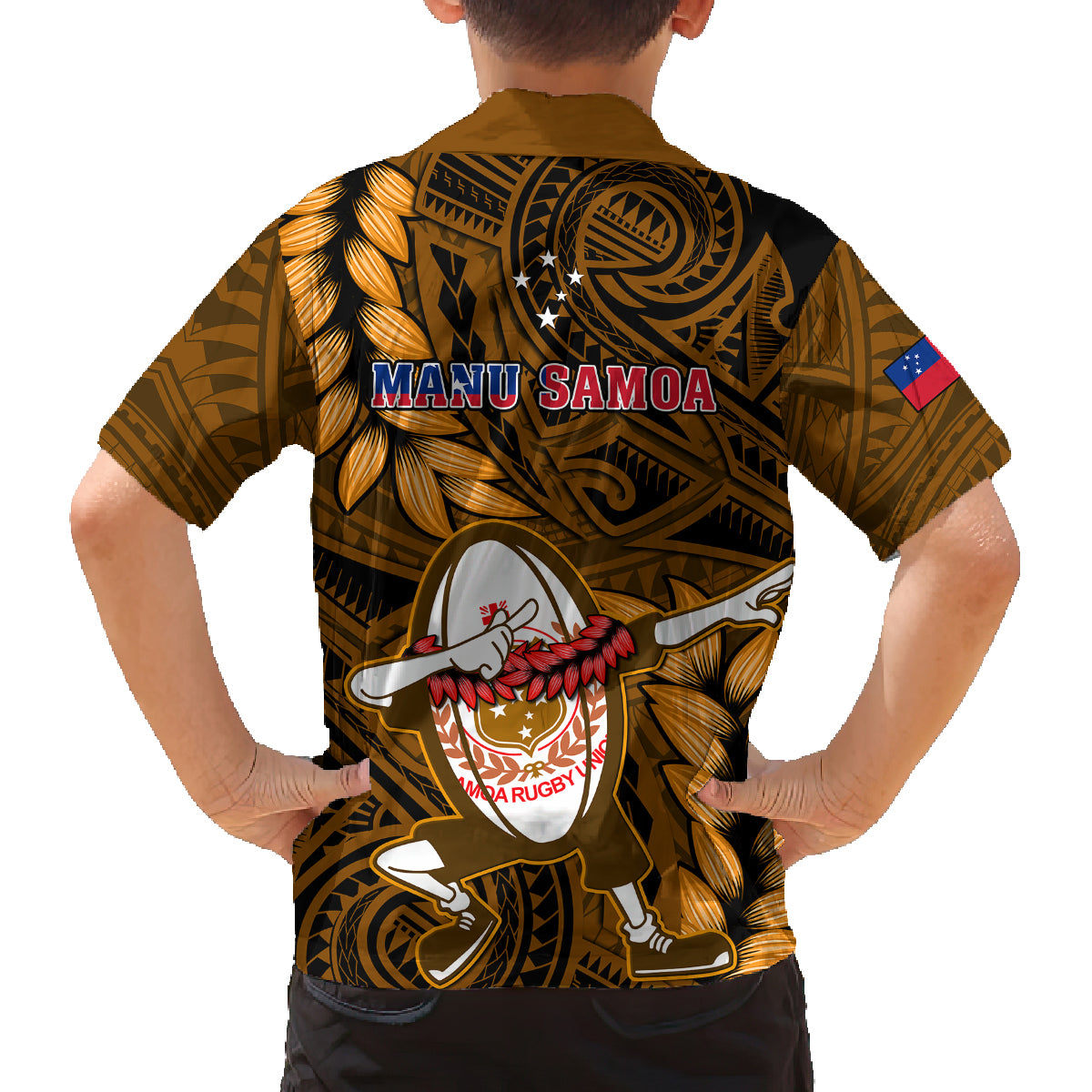 Samoa Rugby Kid Hawaiian Shirt Manu Samoa Ula Fala Dabbing Ball Polynesian Gold Version - Wonder Print Shop