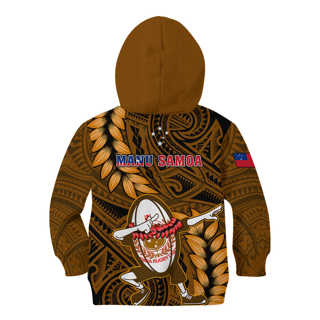 Samoa Rugby Kid Hoodie Manu Samoa Ula Fala Dabbing Ball Polynesian Gold Version - Wonder Print Shop
