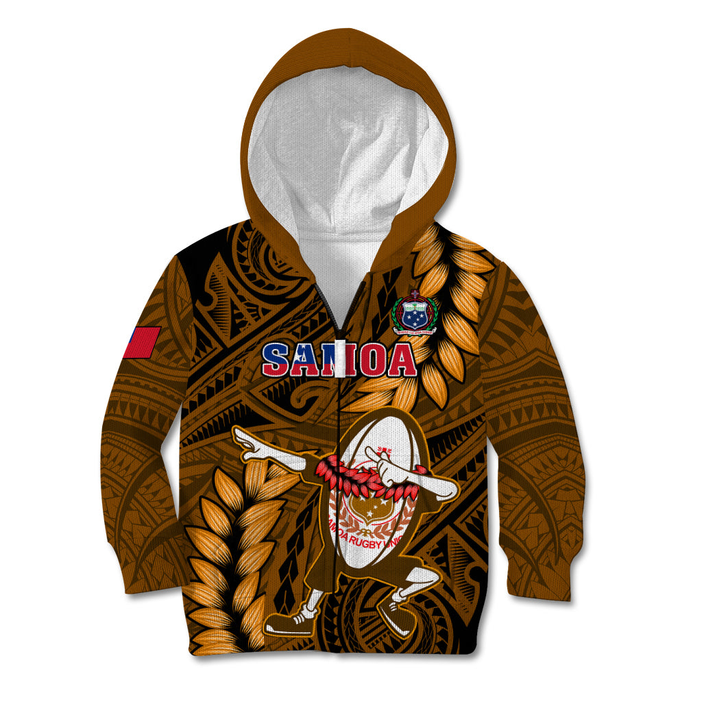 Samoa Rugby Kid Hoodie Manu Samoa Ula Fala Dabbing Ball Polynesian Gold Version - Wonder Print Shop