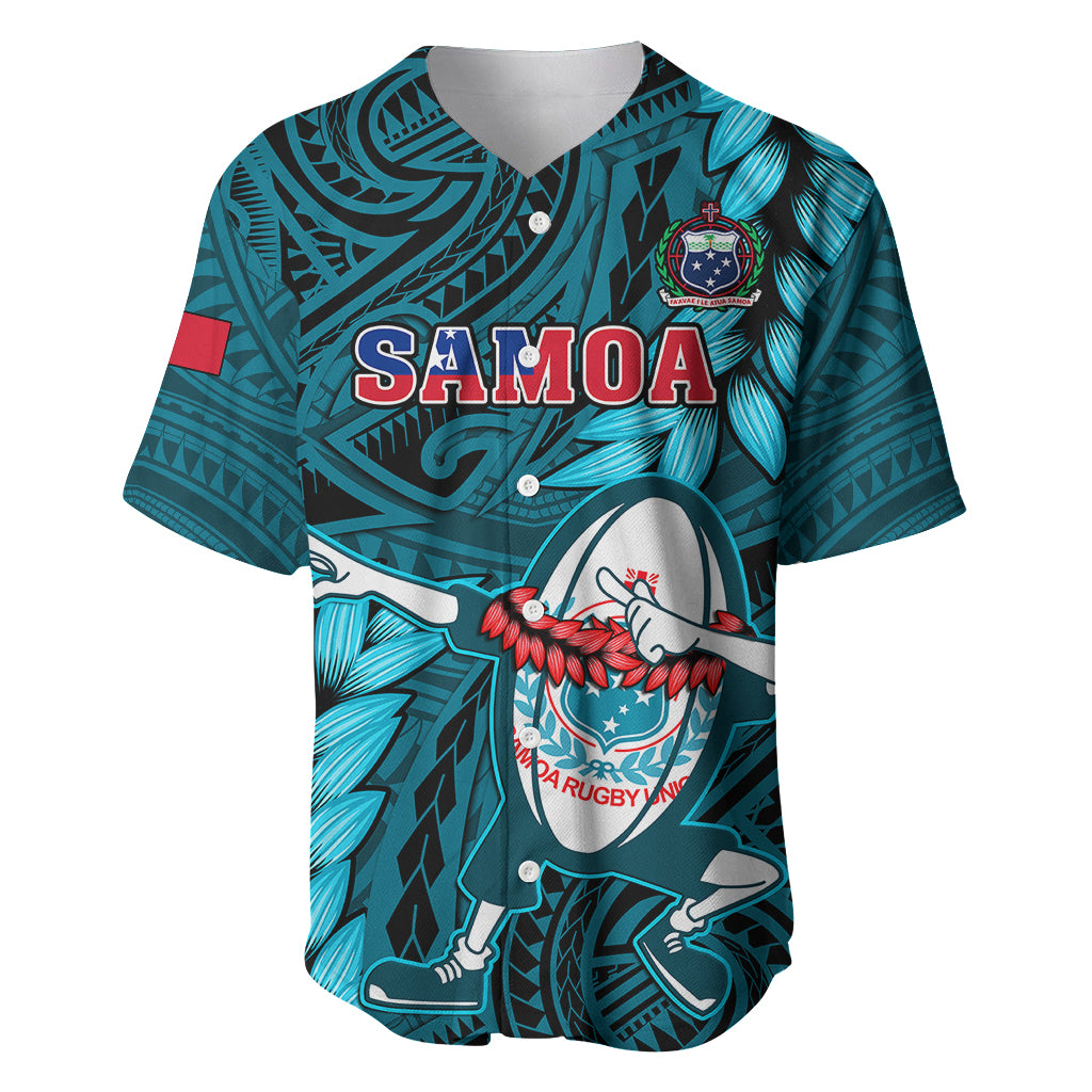 Samoa Rugby Baseball Jersey Manu Samoa Ula Fala Dabbing Ball Polynesian Turquoise Version - Wonder Print Shop