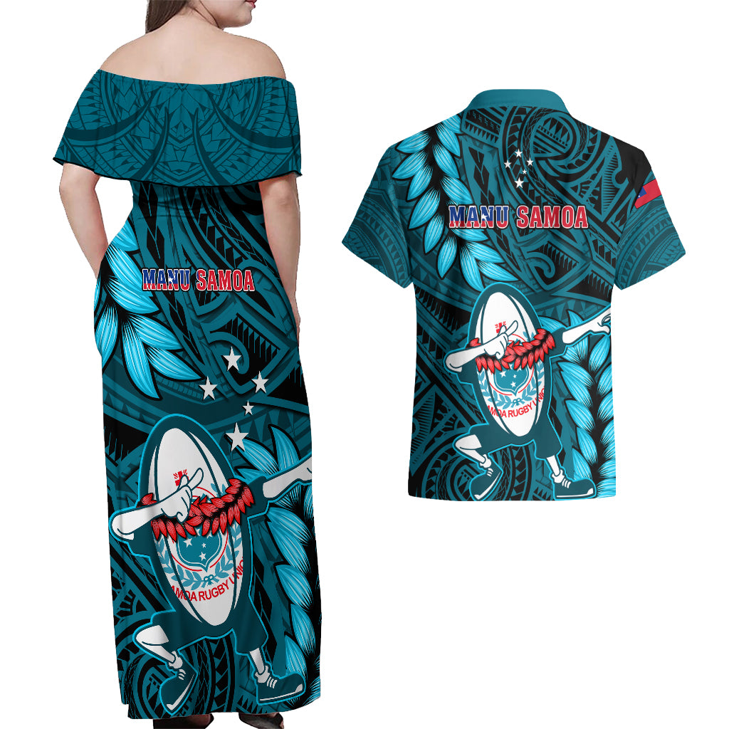Samoa Rugby Couples Matching Off Shoulder Maxi Dress and Hawaiian Shirt Manu Samoa Ula Fala Dabbing Ball Polynesian Turquoise Version - Wonder Print Shop