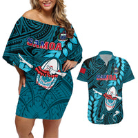 Samoa Rugby Couples Matching Off Shoulder Short Dress and Hawaiian Shirt Manu Samoa Ula Fala Dabbing Ball Polynesian Turquoise Version - Wonder Print Shop