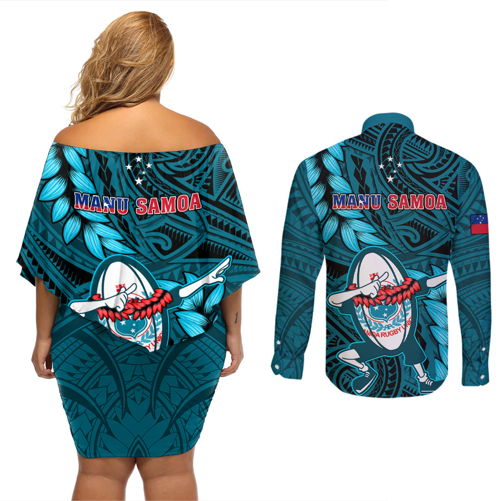 Samoa Rugby Couples Matching Off Shoulder Short Dress and Long Sleeve Button Shirts Manu Samoa Ula Fala Dabbing Ball Polynesian Turquoise Version - Wonder Print Shop