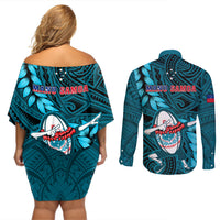 Samoa Rugby Couples Matching Off Shoulder Short Dress and Long Sleeve Button Shirts Manu Samoa Ula Fala Dabbing Ball Polynesian Turquoise Version - Wonder Print Shop