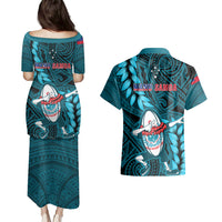 Samoa Rugby Couples Matching Puletasi Dress and Hawaiian Shirt Manu Samoa Ula Fala Dabbing Ball Polynesian Turquoise Version - Wonder Print Shop
