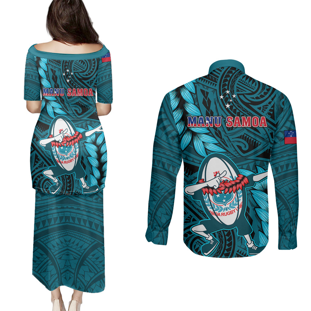 Samoa Rugby Couples Matching Puletasi Dress and Long Sleeve Button Shirts Manu Samoa Ula Fala Dabbing Ball Polynesian Turquoise Version - Wonder Print Shop