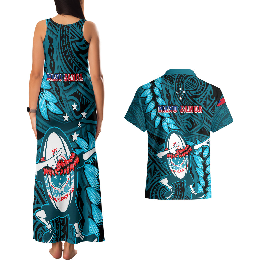 Samoa Rugby Couples Matching Tank Maxi Dress and Hawaiian Shirt Manu Samoa Ula Fala Dabbing Ball Polynesian Turquoise Version - Wonder Print Shop