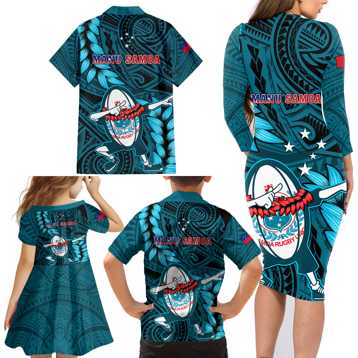 Samoa Rugby Family Matching Long Sleeve Bodycon Dress and Hawaiian Shirt Manu Samoa Ula Fala Dabbing Ball Polynesian Turquoise Version - Wonder Print Shop