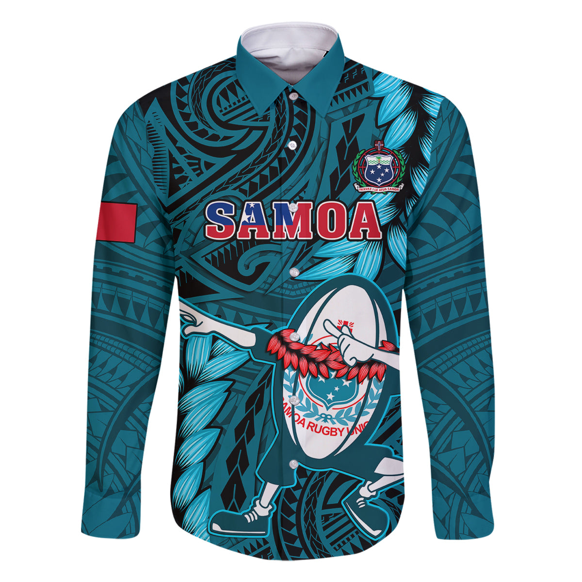 Samoa Rugby Family Matching Long Sleeve Bodycon Dress and Hawaiian Shirt Manu Samoa Ula Fala Dabbing Ball Polynesian Turquoise Version - Wonder Print Shop