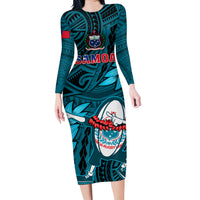 Samoa Rugby Family Matching Long Sleeve Bodycon Dress and Hawaiian Shirt Manu Samoa Ula Fala Dabbing Ball Polynesian Turquoise Version - Wonder Print Shop